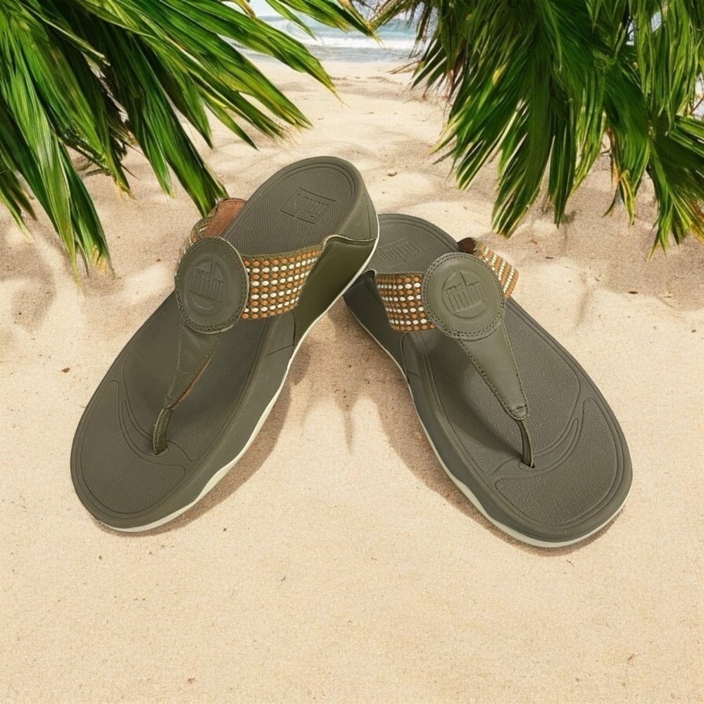 Fitflop Walkstar Thong Flip Flops size - 9, Green, fabric straps, leather